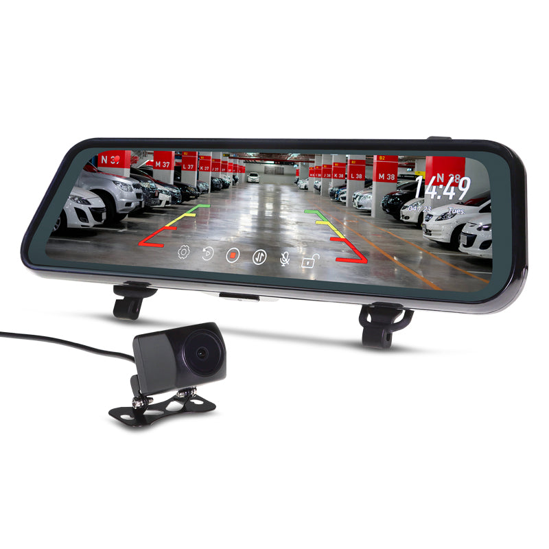 A 9-inch high-resolution mirror monitor with a built-in HD 1080P reverse camera attached to a vehicle's rearview mirror, displaying a live feed of the vehicle's rear view.