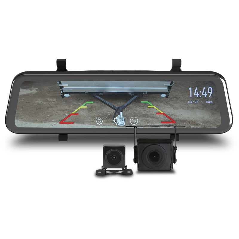 A 9-inch touch screen HD mirror display with dual camera inputs, including two cameras with video extension cables.