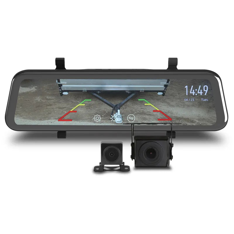 A 9-inch touch screen HD mirror display with dual camera inputs, including two cameras with video extension cables.
