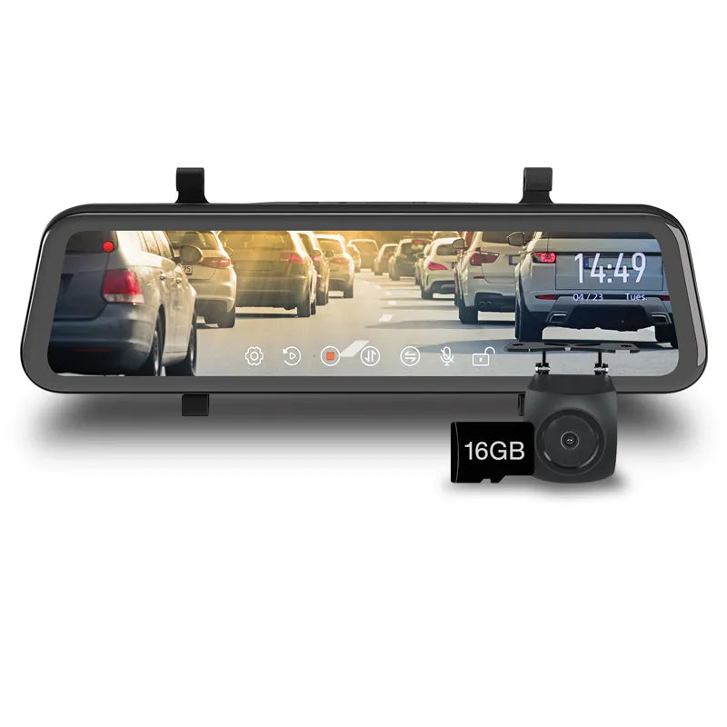A Gator brand rearview mirror with a built-in HD touchscreen displaying a view of a car's rear window, with a 16GB Micro SD card attached to the bottom.