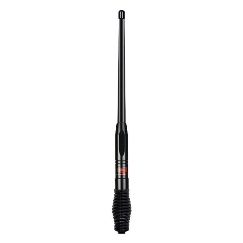 GME AE4704B UHF H/D Radome Antenna, black in color with a gain of 2.1 dBi, featuring a heavy-duty stainless steel barrel spring and a fibreglass radome construction.