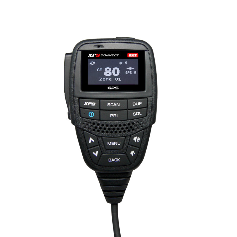 A professional grade IP67 OLED speaker microphone with GPS, featuring a black body with a digital display and various buttons.