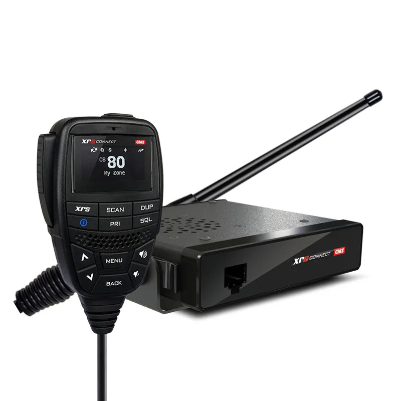 GME XRS Connect 4WD Pack which includes a compact UHF CB radio and a heavy duty antenna, both in black color.