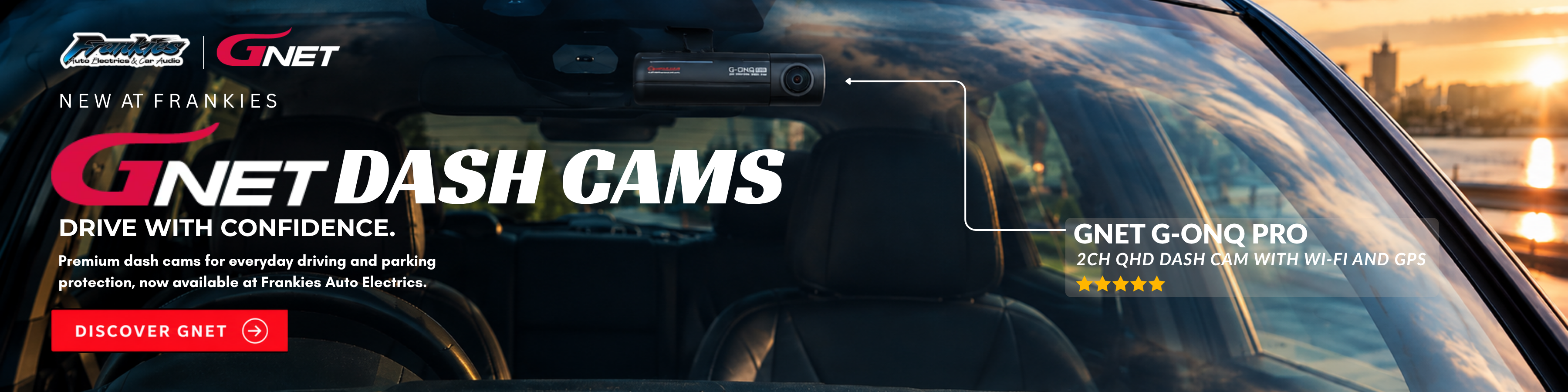 Promotional banner for GNet Dash Cam G-ON Pro, showing a car interior with a mounted dash cam and a blurred city street at sunset outside. Text reads 'GNET DASH CAMS' and 'DRIVE WITH CONFIDENCE.