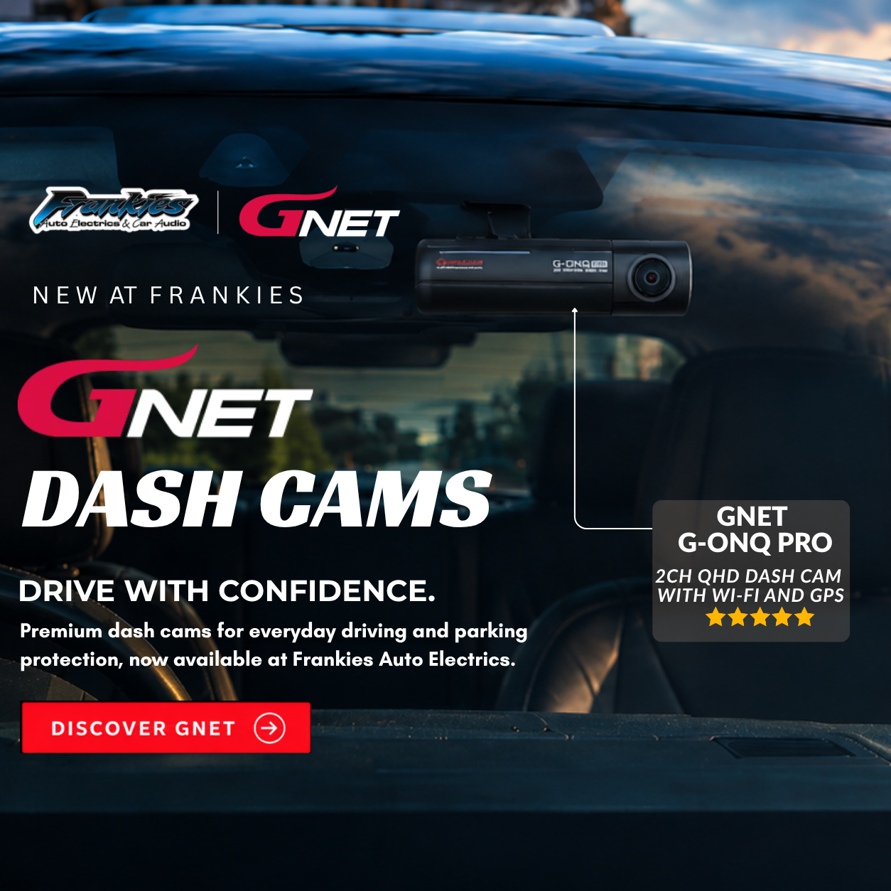 Promotional banner for GNet Dash Cam G-ON Pro, showing a car interior with a mounted dash cam and a blurred city street at sunset outside. Text reads 'GNET DASH CAMS' and 'DRIVE WITH CONFIDENCE.