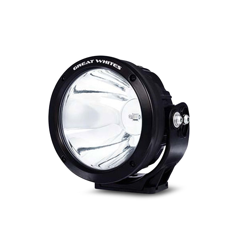 Whites 170mm long-distance round driving light with marine-grade aluminium body, polycarbonate lens, and sturdy mounting bracket.