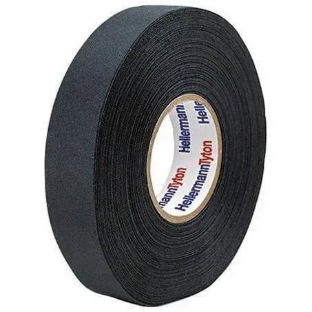 Roll of black tape with HellermannTyton branding on a white background