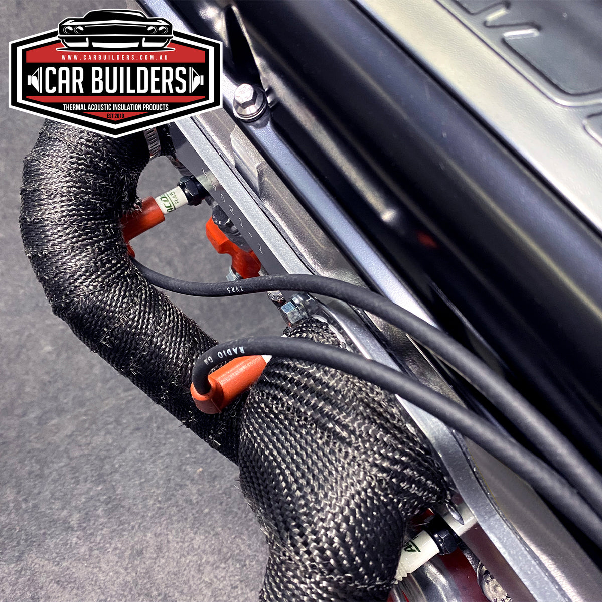 Black Titanium header wrap fitted to exhaust headers and secured with ties