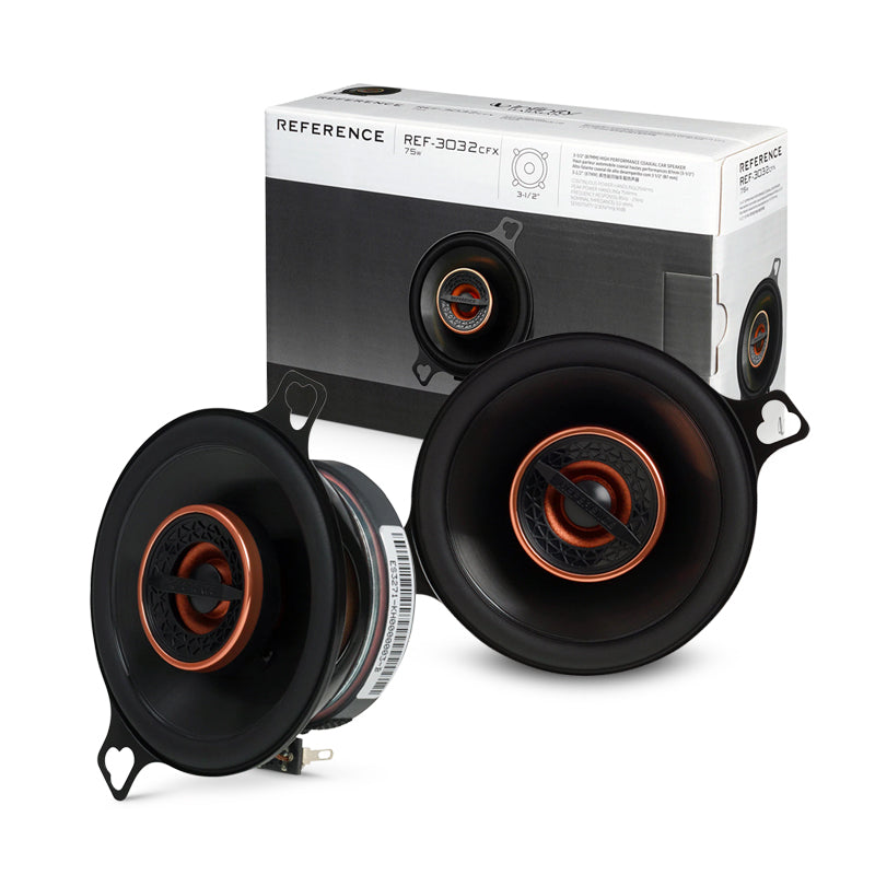 Pair of Infinity Reference 3032CFX 3.5-inch 75W coaxial car speakers with packaging, showing black and orange speaker design.