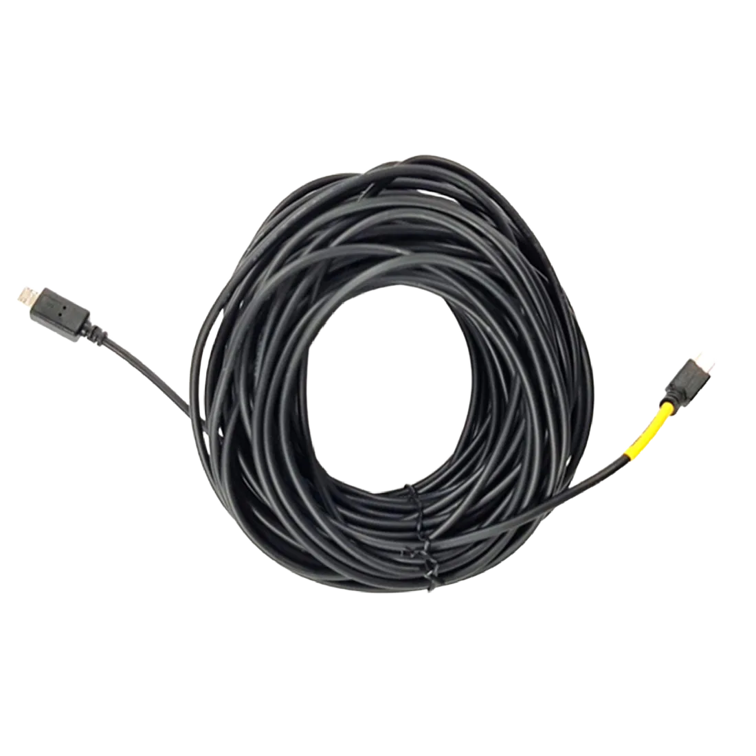 GNET 9m rear camera cable coiled, plugs at both ends and a yellow sleeve, black background