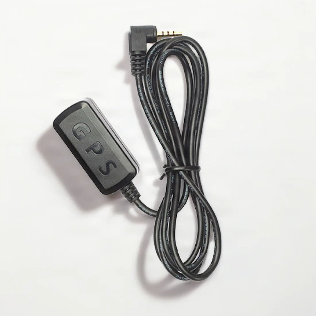 GNET External GPS adapter with coiled cable and angled plug, white background