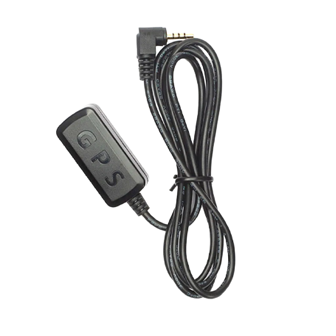 GNET External GPS adapter, GPS receiver block with coiled cable and angled plug, black background