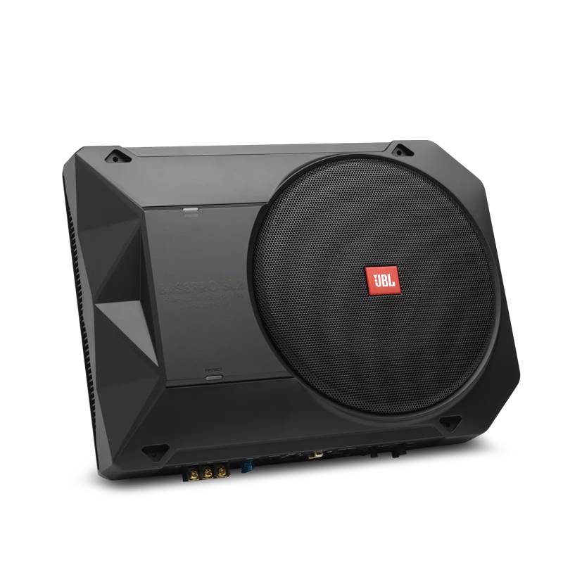 Black JBL BassPro SL2 8-inch powered underseat subwoofer enclosure designed for compact car audio bass performance.