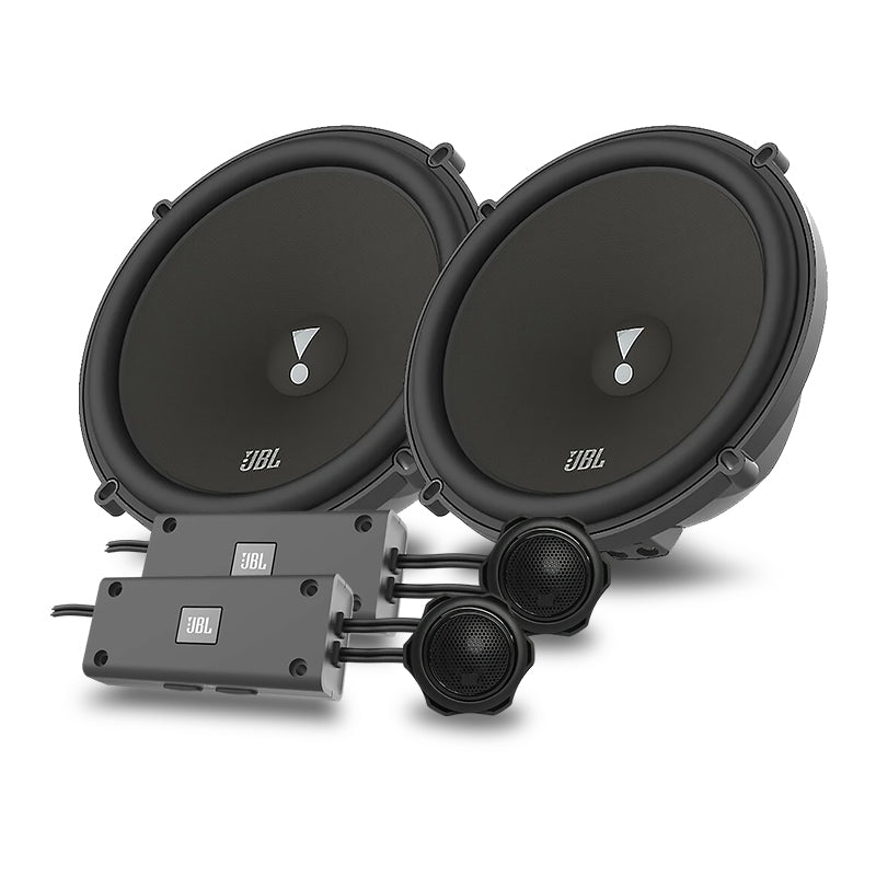 JBL 6.5-inch 2-way component speakers without grilles, showing black cones and tweeter details.