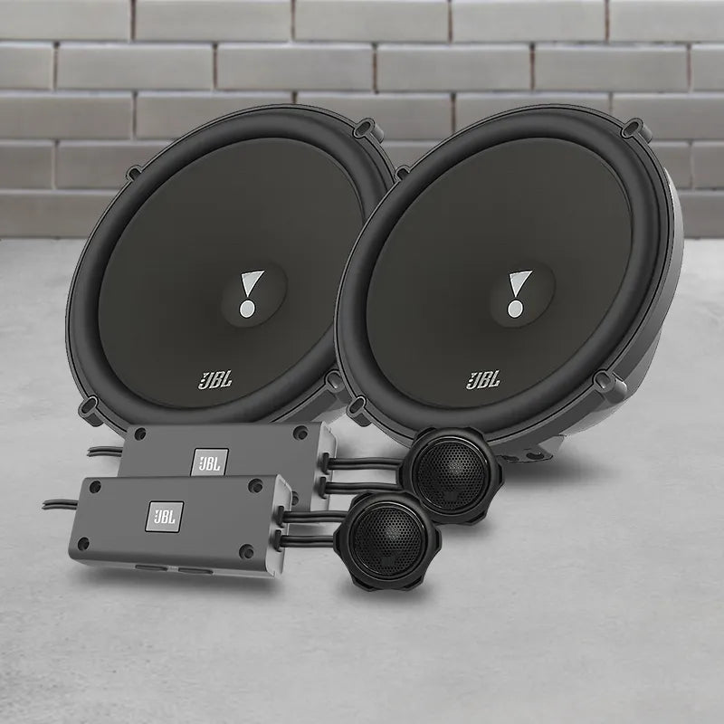 JBL 6.5" 2-way speakers with uncovered black cones and tweeters, shown as a component speaker pair.