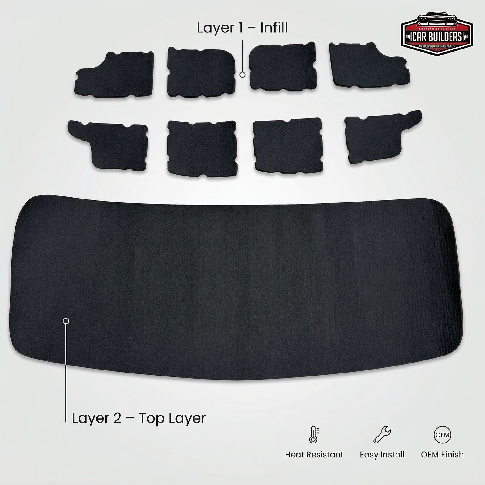 Car Builders Jimny bonnet insulation pack laid out, layer 1 infill pieces and layer 2 top layer