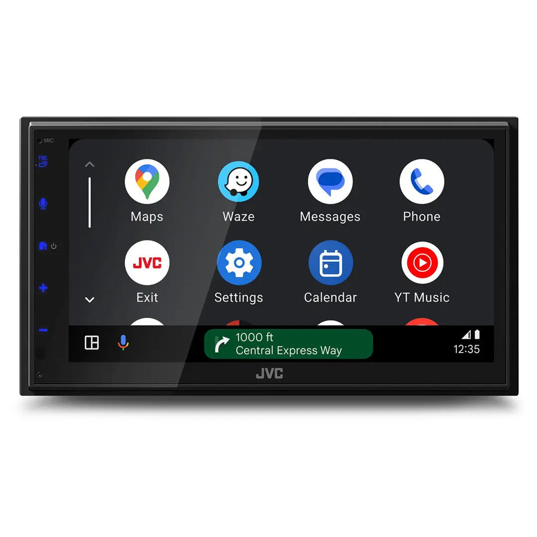 front view of JVC KW‑M690BW 6.8 inch head unit – capacitive touchscreen showing multiple apps 