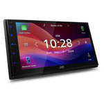 JVC KW-M690BW 6.8 inch head unit with a capacitive touchscreen displaying Apple CarPlay interface, Bluetooth audio, and the time.