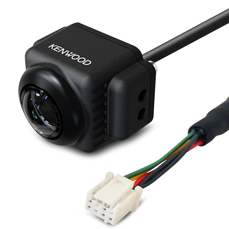 A Kenwood CMOS-740HD HD rear camera with a black color, a lens, and connected cables.