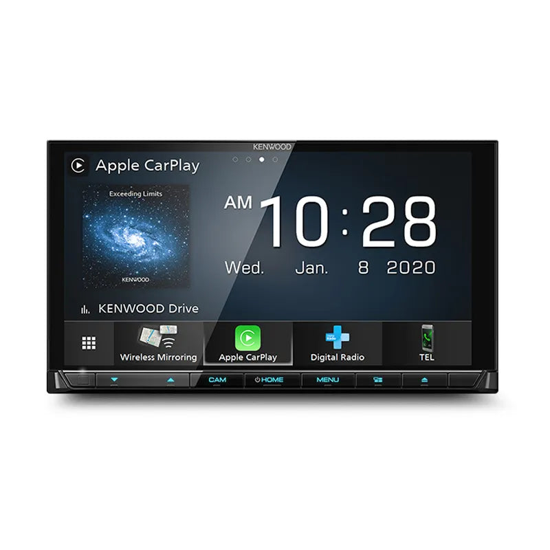 A Kenwood DDX9020DABS 6.8 inch Apple CarPlay/Android Auto/DAB+/WiFi/Bluetooth AV Receiver with a black interface displayed.