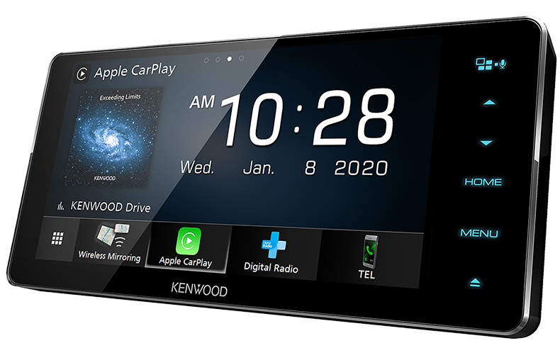 A Kenwood DDX920WDABS 6.8 inch Apple CarPlay/Android Auto/DAB+/WiFi/Bluetooth AV Receiver with a touchscreen display showing the time, weather widget, and Apple CarPlay interface.