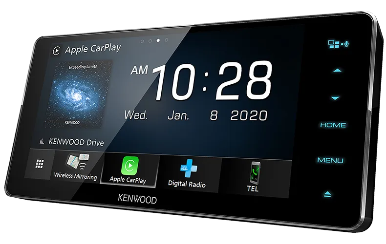 Kenwood DDX920WDABS 6.8 inch Apple CarPlay/Android Auto/DAB+/WiFi/Bluetooth AV Receiver with a touchscreen display showing the time, weather widget, and Apple CarPlay interface.