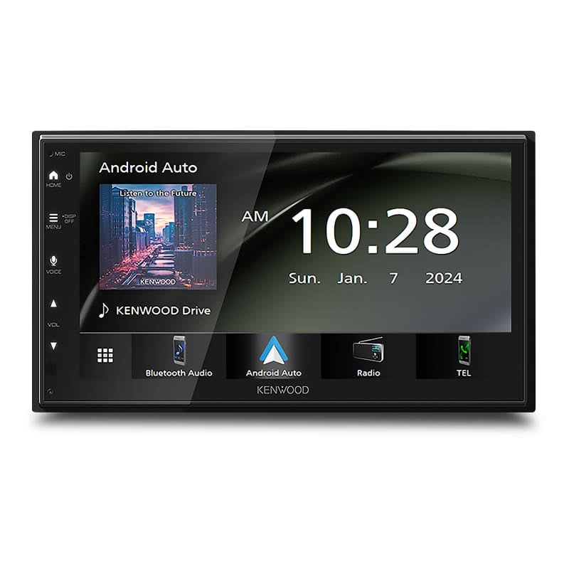 6.8-inch Kenwood DMX5023S multimedia receiver displaying CarPlay, Bluetooth, and WSVGA screen features.