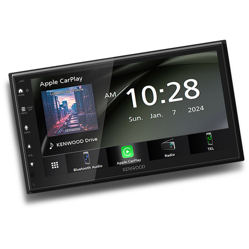 Kenwood DMX5023S digital receiver with black interface showing Apple CarPlay, Bluetooth streaming, and WSVGA display icons.