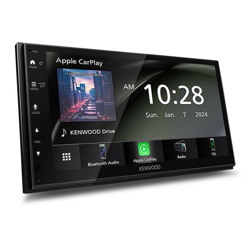 Kenwood DMX5023S 6.8-inch multimedia receiver showing Apple CarPlay, Bluetooth audio, and WSVGA display interface.