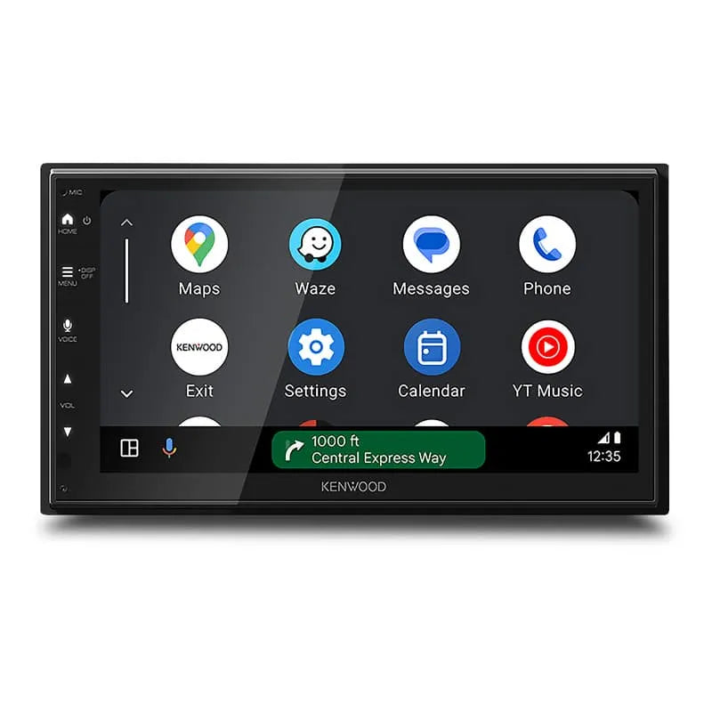 Kenwood DMX5023S 6.8" touchscreen head unit featuring Apple CarPlay, Bluetooth audio, and WSVGA LCD interface.