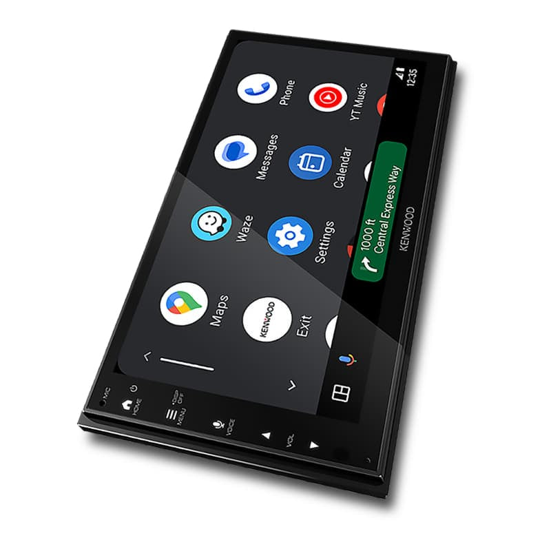 Kenwood DMX5023S multimedia receiver with 6.8-inch display highlighting Apple CarPlay, Bluetooth, and WSVGA features.