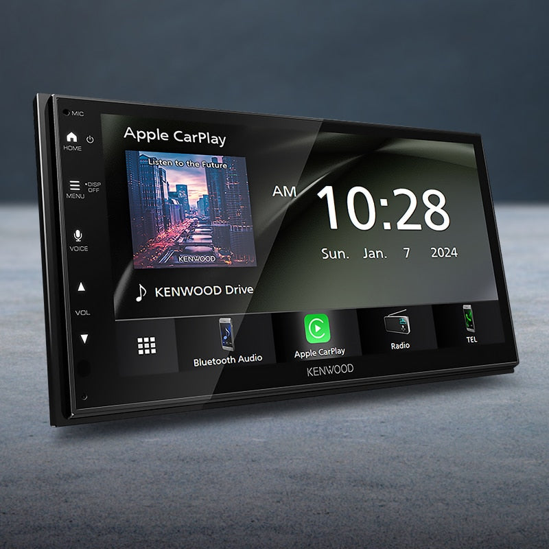 Kenwood DMX5023S multimedia receiver with 6.8-inch display highlighting Apple CarPlay, Bluetooth, and WSVGA features. side profile 
