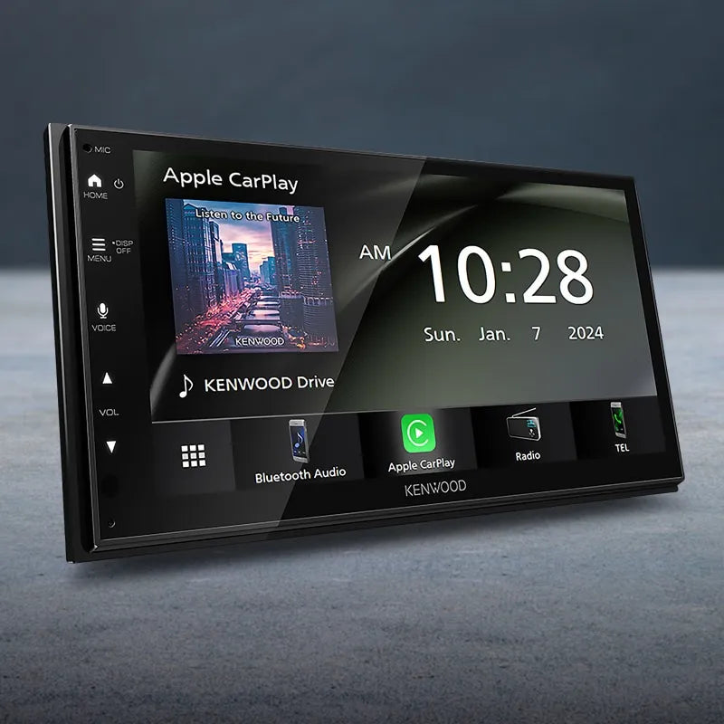 Kenwood DMX5023S multimedia receiver with 6.8-inch display highlighting Apple CarPlay, Bluetooth, and WSVGA features. side profile 
