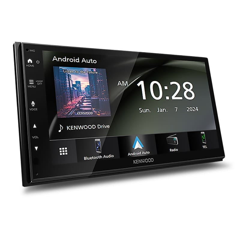 Digital Kenwood DMX5023S receiver showing CarPlay, Bluetooth audio, and WSVGA display options on a 6.8-inch screen.