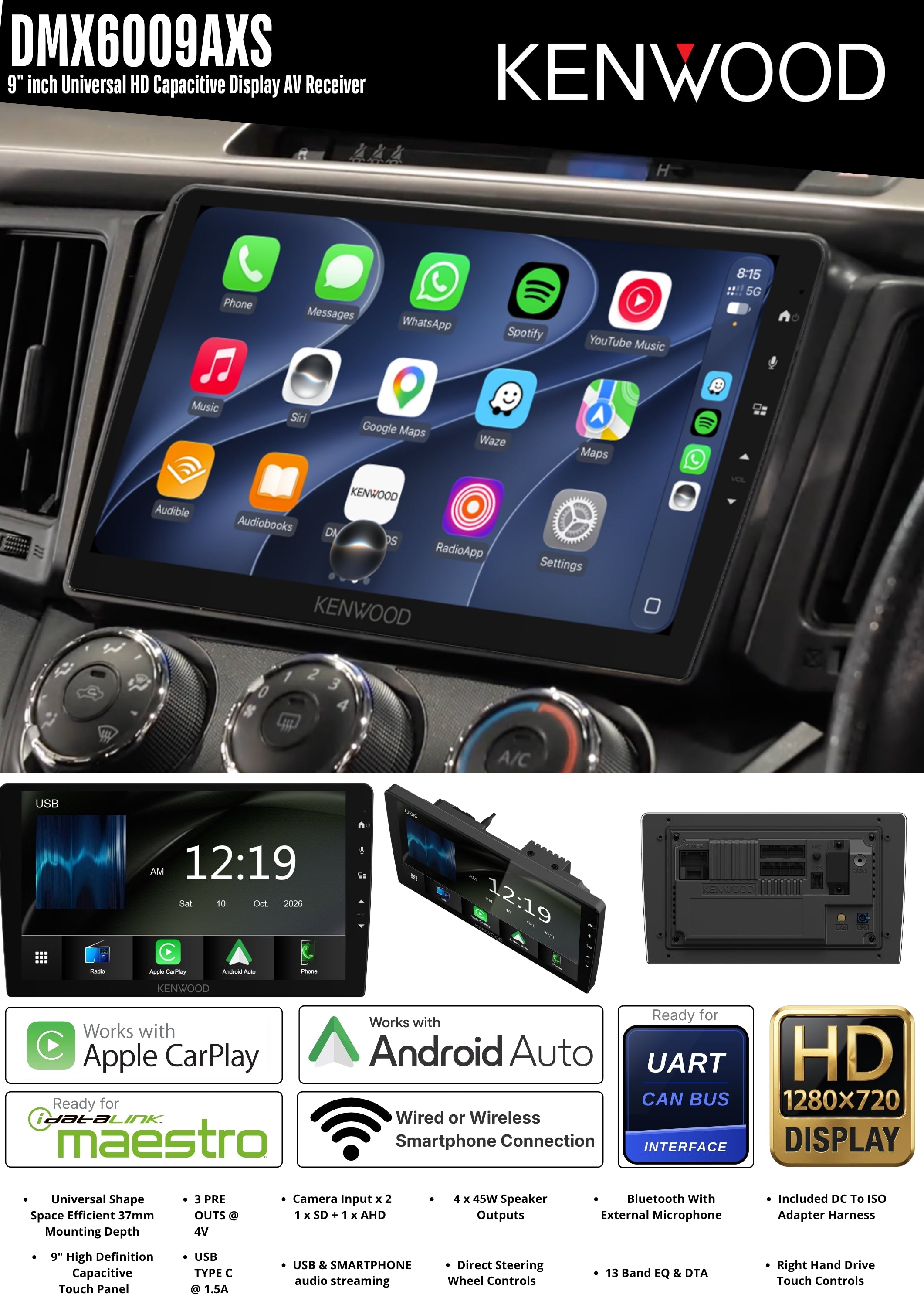 Kenwood DMX6009AXS flyer showing the 9 inch HD screen from the front, side and rear, with its feature list