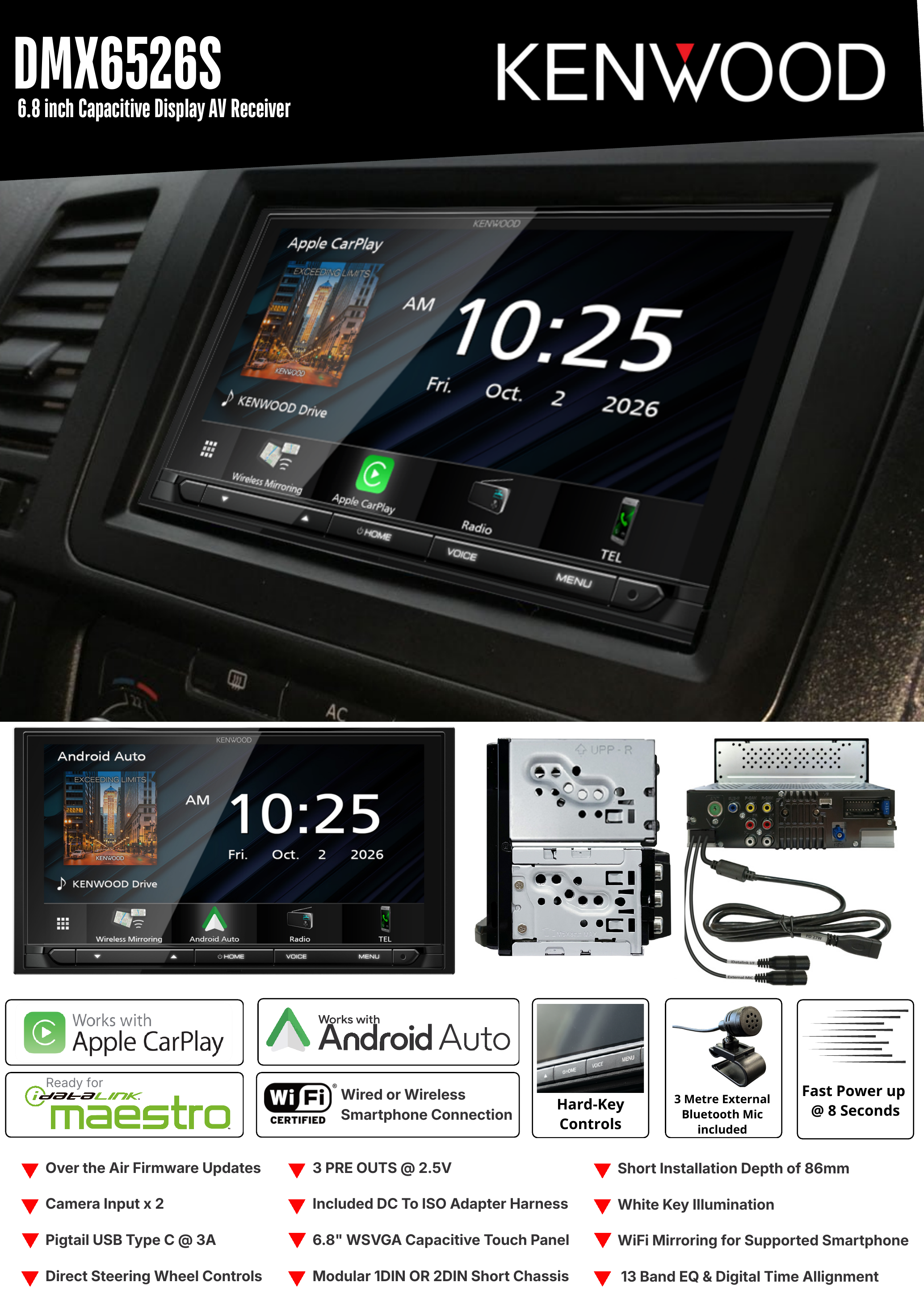 Kenwood DMX6526S flyer showing the 6.8 inch screen, modular chassis, rear connections and feature list