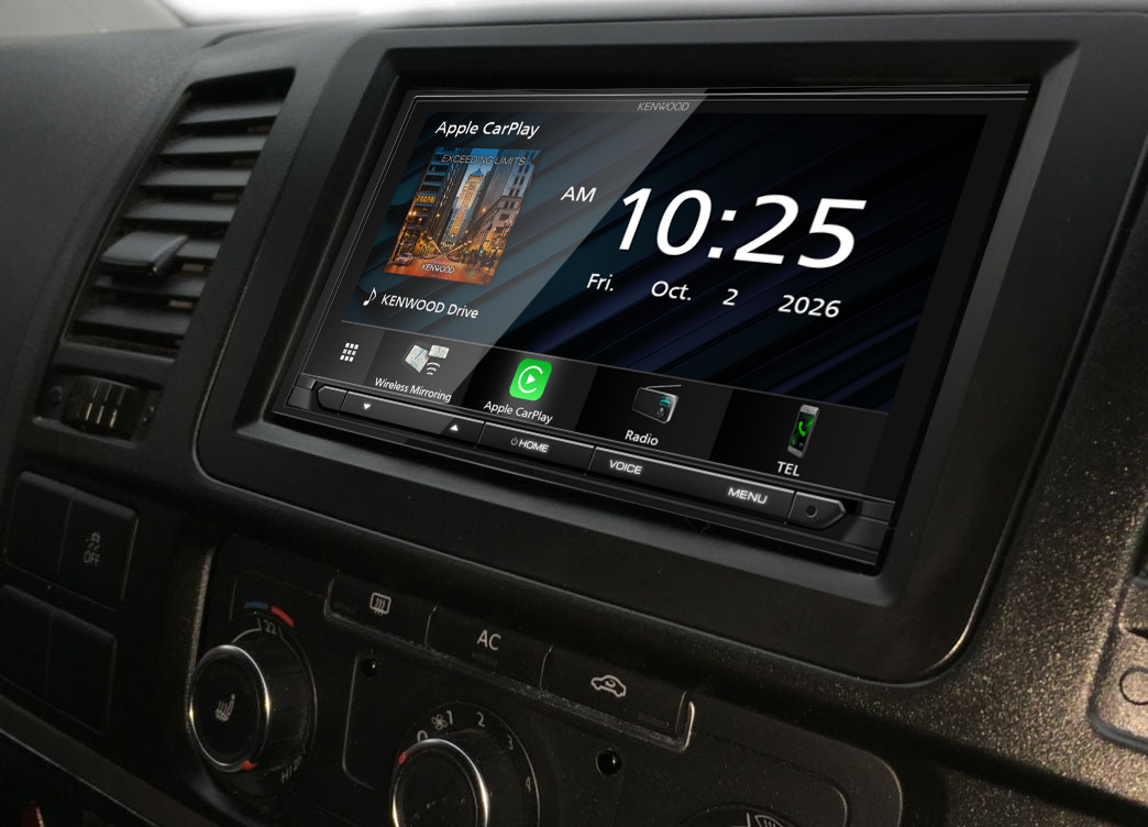 Kenwood DMX6526S 6.8 inch head unit fitted in a car dash, showing the home screen with Apple CarPlay