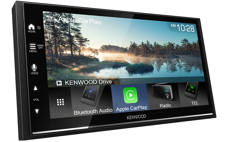 A Kenwood DMX7022S 7-inch AV Receiver with Apple CarPlay and Android Auto features displayed on the screen.