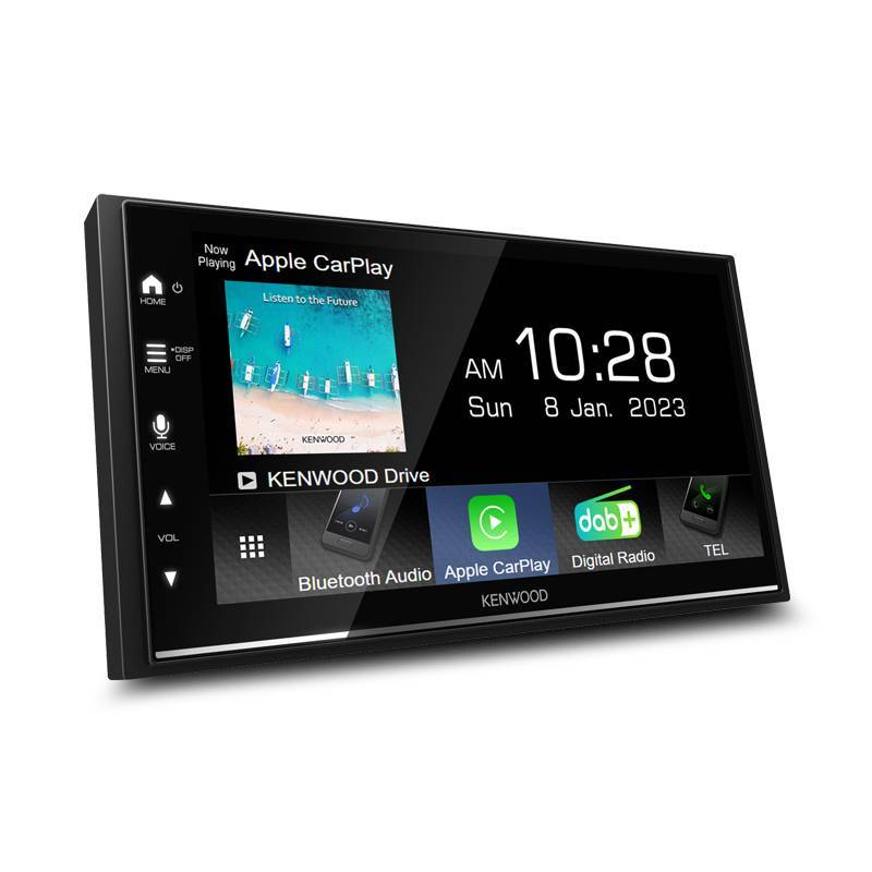 A Kenwood DMX7522DABS 7" DAB+ AV Receiver with a touchscreen display featuring Apple CarPlay interface.