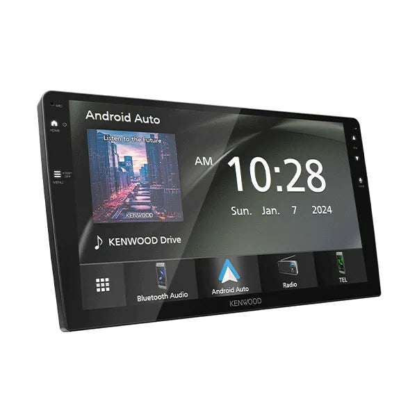 Kenwood DMX80AXS 9-inch head unit with a touchscreen displaying the time, a music app interface, and the Kenwood Drive app. It shows features like Bluetooth audio, Android Auto, and radio.