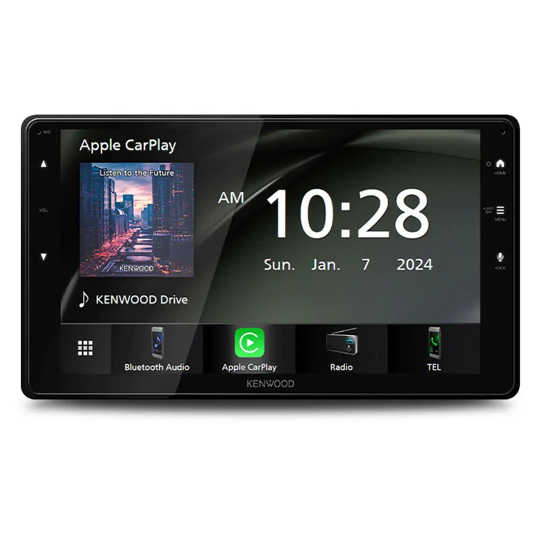 Kenwood DMX823WXS 9" display with Android Auto, Apple CarPlay, Bluetooth icon, and clock visible on the touchscreen.