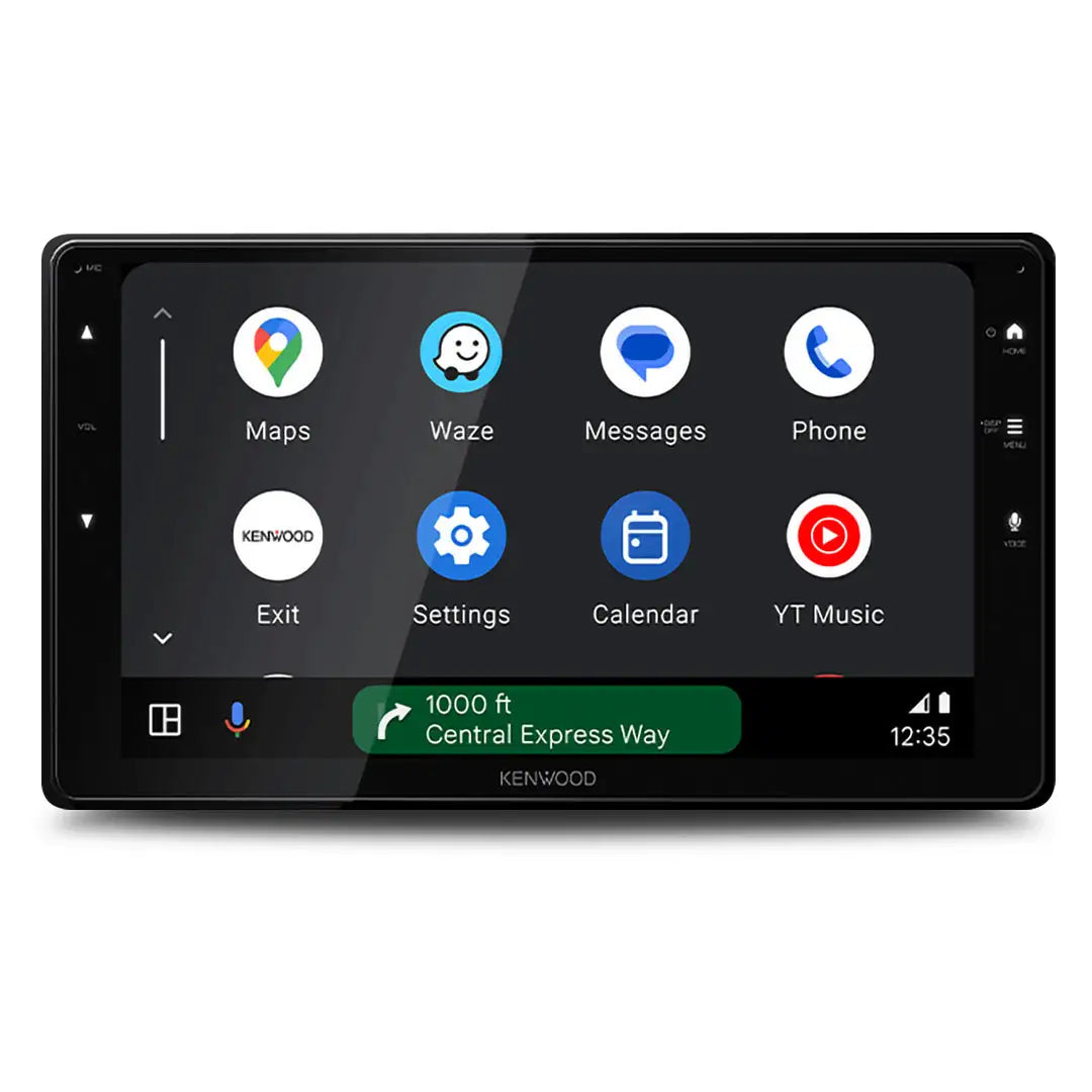 9-inch Kenwood DMX823WXS multimedia head unit featuring Bluetooth, Android Auto, and Apple CarPlay on the home screen.