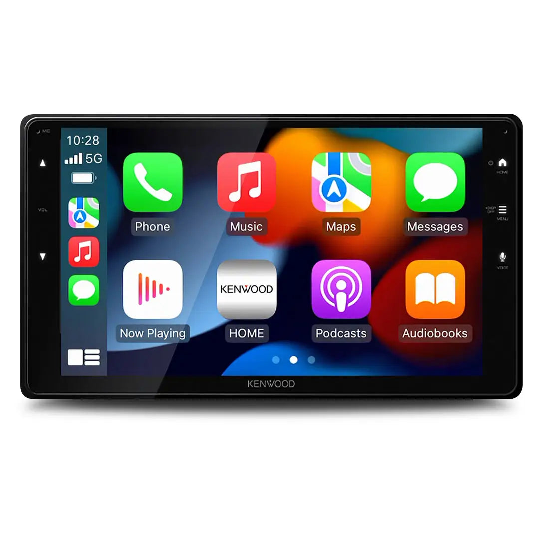 Kenwood DMX823WXS large touchscreen head unit displaying CarPlay image, Android Auto logo, and Bluetooth status.