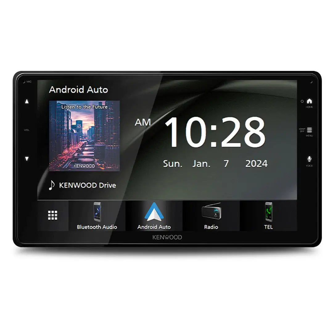 Kenwood DMX823WXS 9-inch touchscreen head unit showing time, Bluetooth icon, Android Auto, and Apple CarPlay interface.
