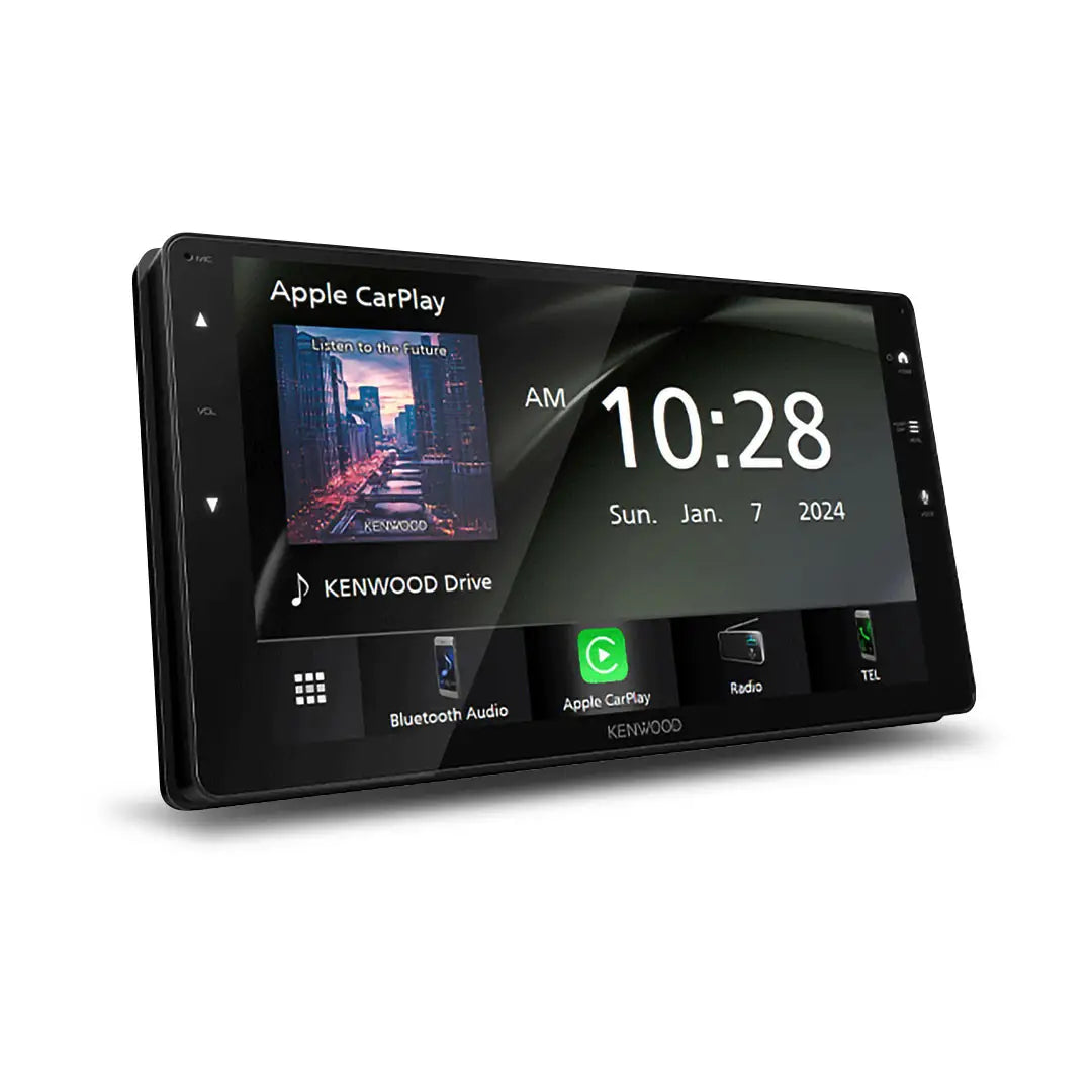 Kenwood DMX823WXS 9-inch capacitive screen head unit with visible Apple CarPlay image, Android Auto icon, and Bluetooth symbol.