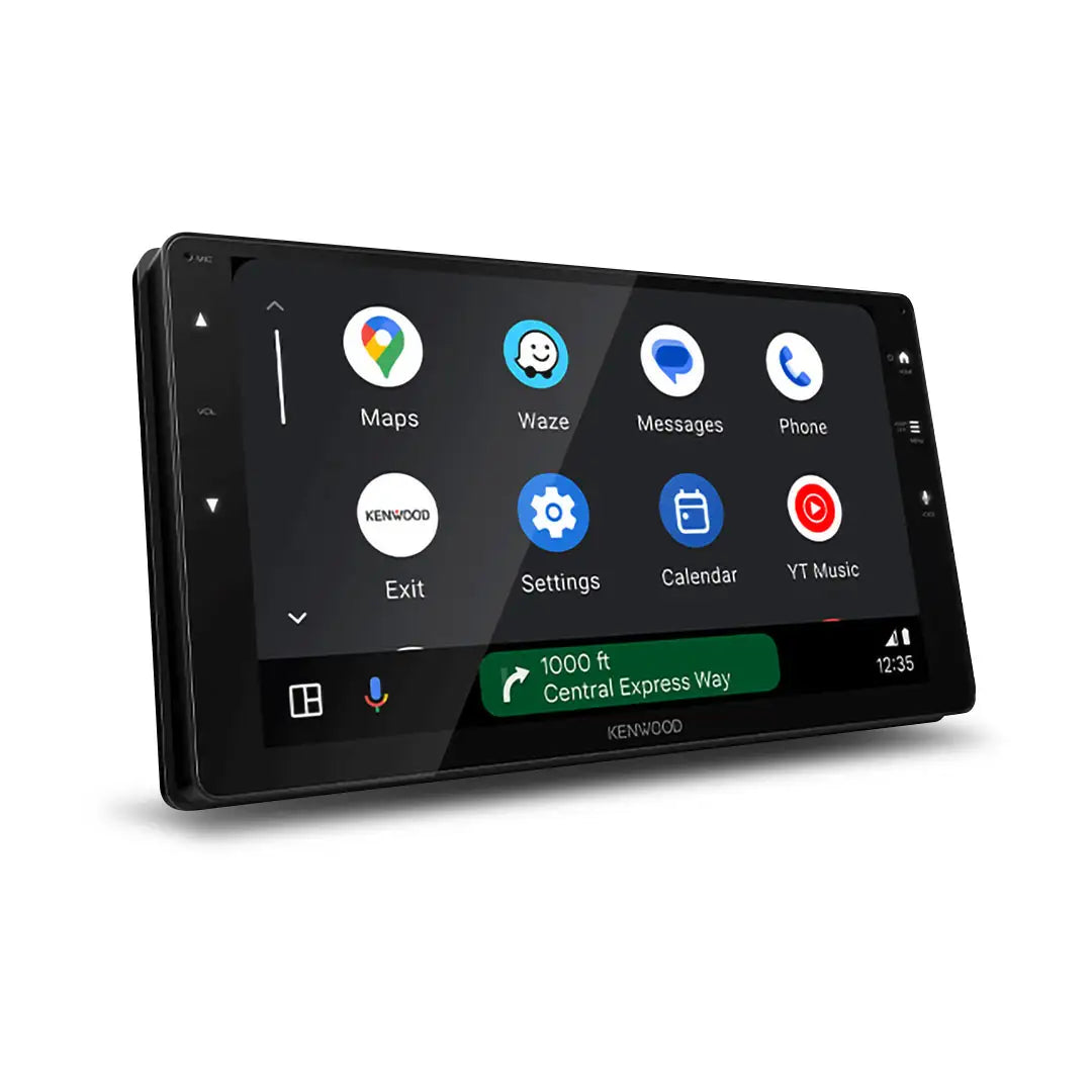 Touchscreen of the Kenwood DMX823WXS head unit showing time, Bluetooth indicator, Android Auto logo, and Apple CarPlay graphic. side profile 