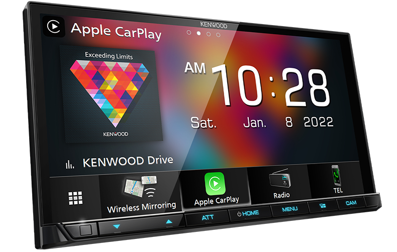 Kenwood DMX8521S 7-inch wireless Apple CarPlay and Android Auto digital media receiver showing touchscreen interface with music, navigation, and phone apps.