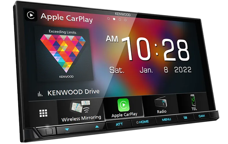 Kenwood DMX8521S 7-inch wireless Apple CarPlay and Android Auto digital media receiver showing touchscreen interface with music, navigation, and phone apps.