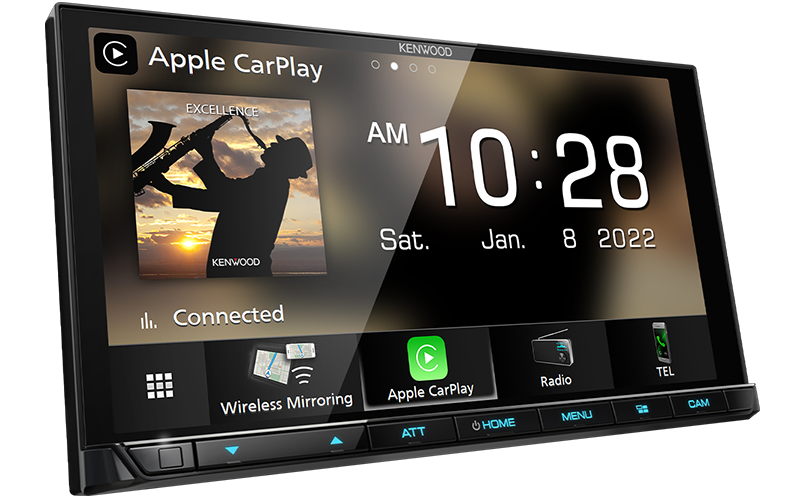 A Kenwood DMX9021S 6.8" HD Display Wireless Apple CarPlay/Android Auto Digital Media Receiver, displaying features such as Apple CarPlay and Android Auto connectivity, and a digital interface with various icons and the time '10:28' displayed.
