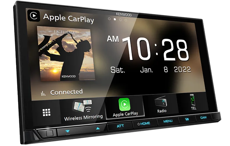 A Kenwood DMX9021S 6.8" HD Display Wireless Apple CarPlay/Android Auto Digital Media Receiver, displaying features such as Apple CarPlay and Android Auto connectivity, and a digital interface with various icons and the time '10:28' displayed.
